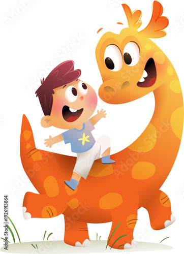 Smiling child boy riding and playing with his dinosaur friend. Child and funny imaginary dino creature happy friendship. Colorful characters cartoon for children. Vector illustration clipart for kids