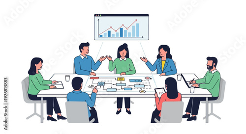 Business meeting with diverse team collaborating around a table.