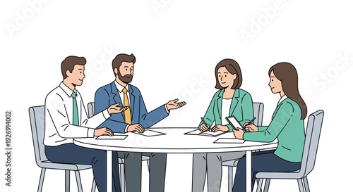 Business meeting with diverse team collaborating around a table.