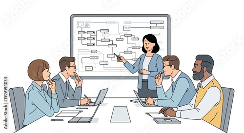 Business meeting with team presenting strategy on whiteboard.