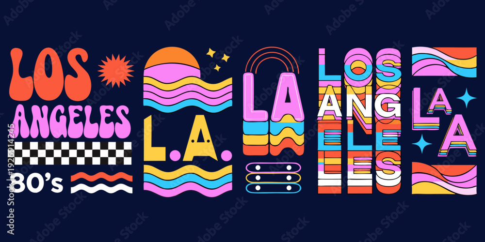 Obraz premium Retro 80s Neon Los Angeles Typography SVG Set – Vintage Miami Vice Style Vector Banner, Card, Flyer Design with Neon Glow, Palm Silhouettes & Sunset Vibes