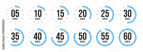 Set of countdown timer icons from 5 to 60 seconds