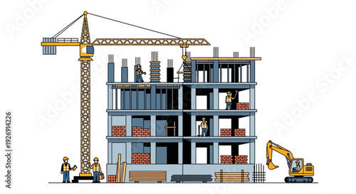 Construction Site with Building Crane and Excavator.