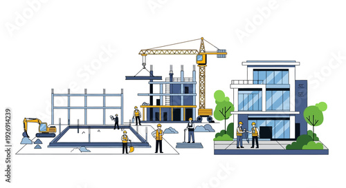 Construction site with buildings and workers.