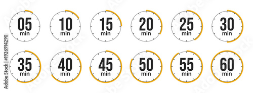 Timer icons set showing five to sixty minute time intervals