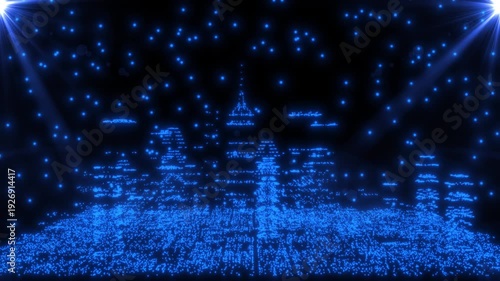 Abstract Glowing Futuristic City,  Skyline Bathed In Blue Light Glowing Buildings, Digital Smart City And  Technology. Future Infrastructure And Connectivity Formation From Particle,

