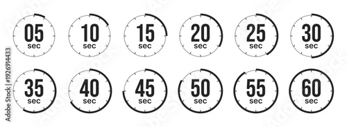 Digital timer icons set showing 5 to 60 seconds intervals
