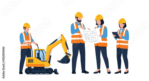 Construction Team Discussing Blueprints Near Excavator.