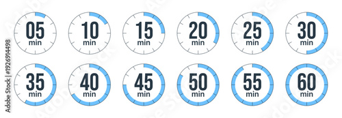 Timer icons set from 5 to 60 minutes for countdown and management