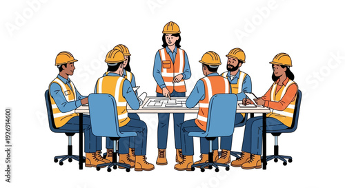 Construction Team Meeting Around Table Discussing Plans.