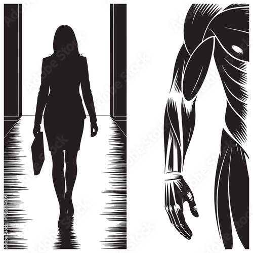 Silhouette of a woman walking towards a shadowed muscular figure