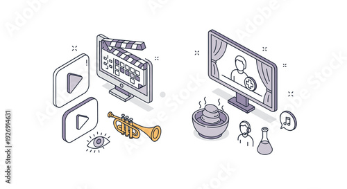 isometric video streaming and online conference icons set with hand drawn style for multimedia and communication design