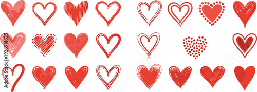 Hand Drawn Red Heart Collection Set, Doodle Love Symbols, Romantic Valentine Sketch Icons Isolated on Light Background Vector Illustration