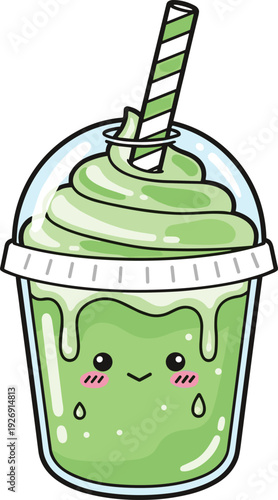 Cute Matcha Frappuccino Cartoon Illustration Kawaii Green Drink Character