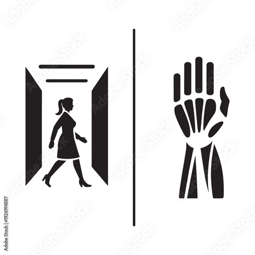 A woman entering a doorway and a skeletal hand illustration