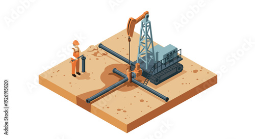 isometric oil drilling rig with pipes and worker hand drawn industrial technology illustration