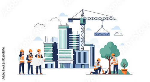 Construction team planning building project with crane and skyscrapers.