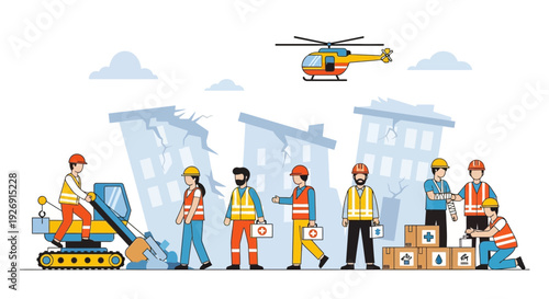 Construction workers and rescue team at disaster site.