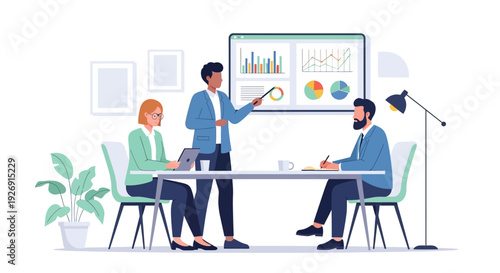 Business meeting with presentation and data analysis.