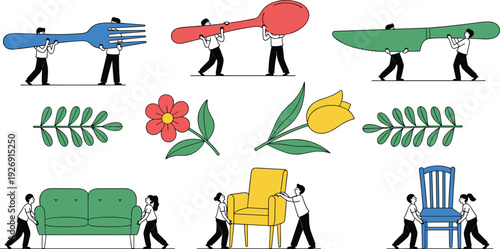 People Carrying Oversized Objects and Furniture, Minimal Flat Illustration Set with Flowers, Leaves and Household Items Collection