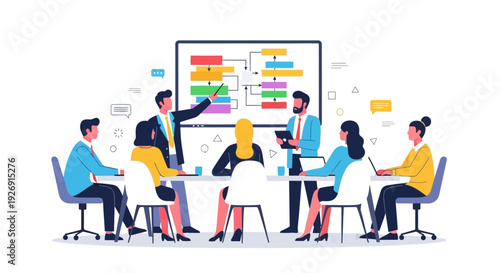 Business Meeting Strategy Session with Presentation Board.