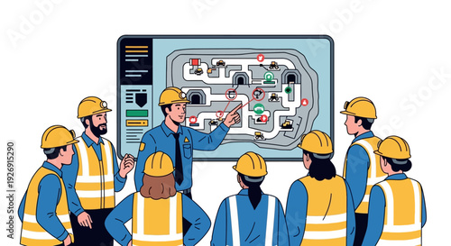 Construction workers attending a safety briefing on a site map.