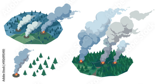 forest fire smoke plume isometric vector set with burning trees and wildfire flames