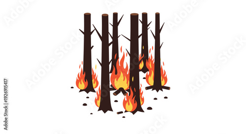 forest fire with burning trees and flames hand drawn flat illustration