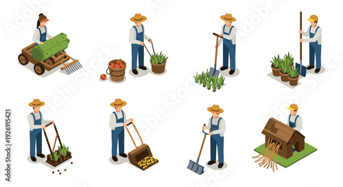 farmers working in garden with gardening tools and equipment isometric set