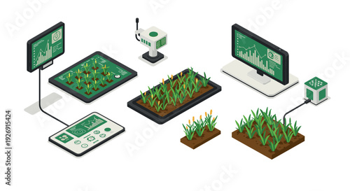 isometric smart agriculture technology set with crop monitoring devices and digital data screens