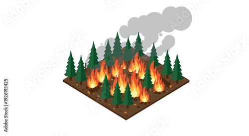 isometric forest fire scene with burning trees and smoke in flat style
