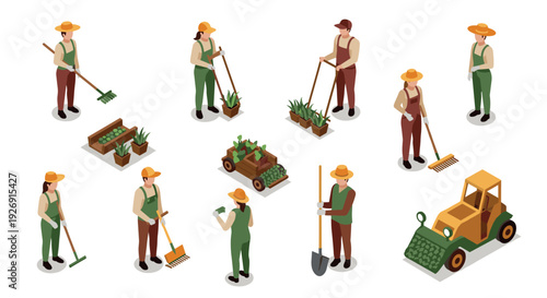 farmers gardening and harvesting vegetables with tools and tractor isometric set