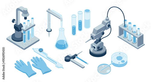 collection of laboratory science equipment with test tubes microscope gloves and pipette in isometric style
