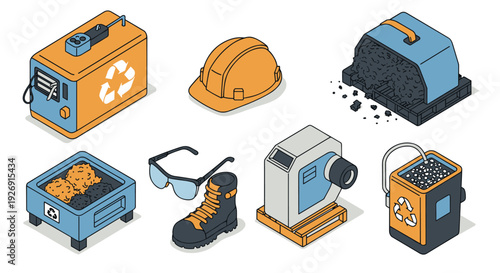 collection of recycling and industrial safety equipment hand drawn isometric icons