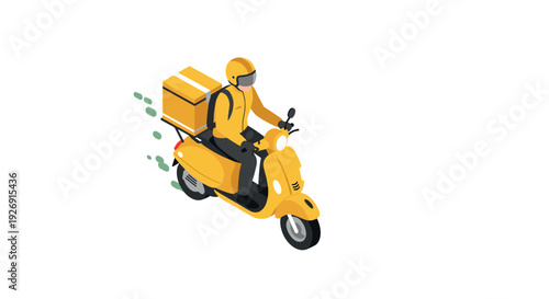 delivery person riding a yellow scooter with a package box isometric illustration