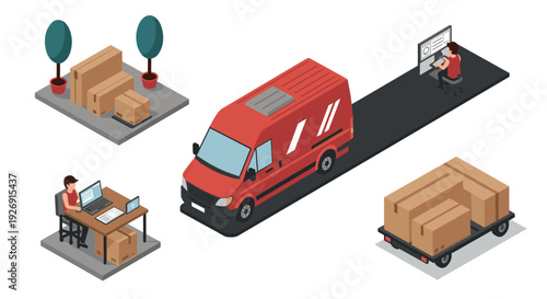 isometric delivery van and warehouse packing with people working on computers in flat style