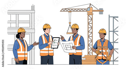 Construction workers collaborating on a building site.