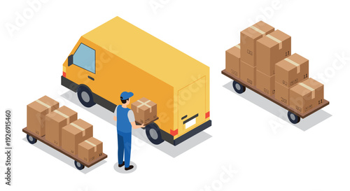 delivery service worker loading cardboard boxes onto yellow van isometric vector illustration