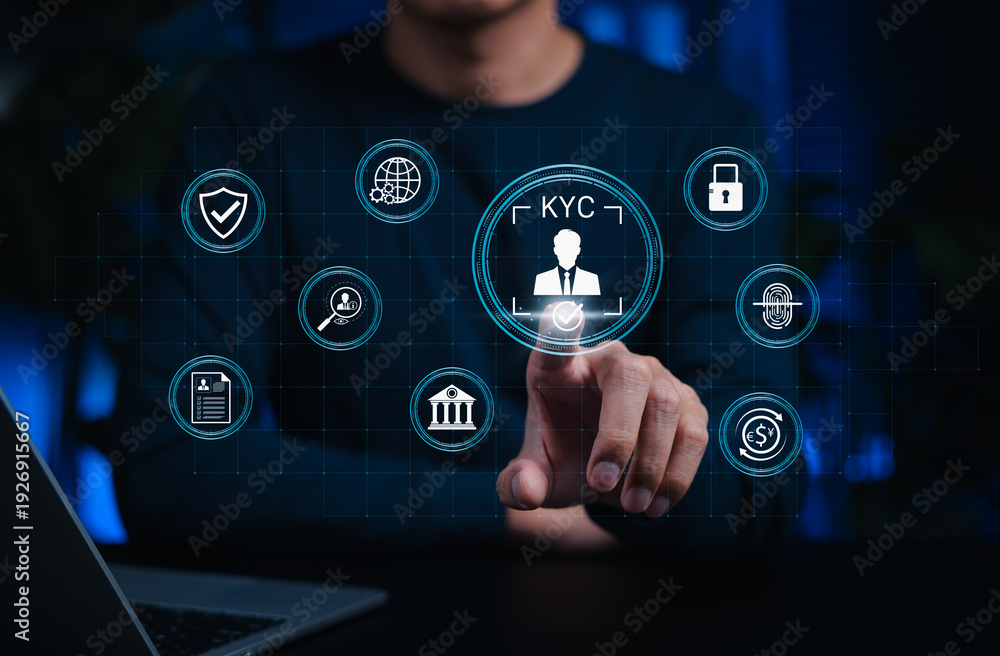 Fototapeta premium KYC verification concept. User using digital interface to confirm customer identity with secure banking compliance and financial fraud prevention in modern fintech environment biometric authentication