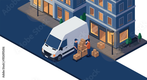 isometric delivery workers unloading packages from white van in urban setting at dusk