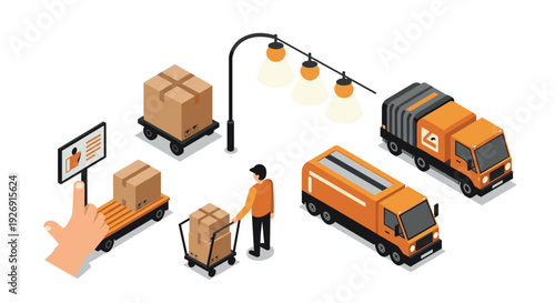 logistics and delivery isometric set with cargo trucks packages hand and street lamp in vector style