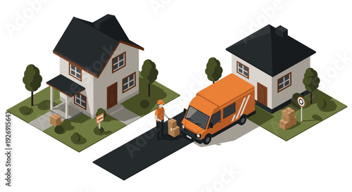 isometric delivery van with courier unloading packages between houses vector illustration