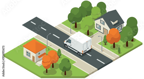 isometric delivery van on road between suburban houses with trees in flat vector style