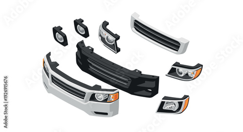 car front bumper parts and headlights set in realistic vector style for automotive design