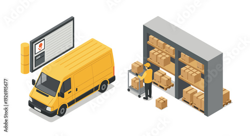 isometric delivery van with warehouse shelves worker loading boxes hand drawn vector illustration