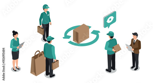 isometric group of delivery workers and business people with shopping bags and packages in hand drawn style for logistics and e-commerce