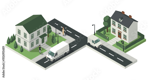isometric suburban houses with green lawns white delivery vans and walking people in detailed vector style