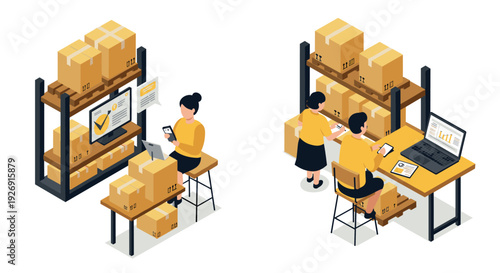 online inventory management and warehouse packing process with people working on computer and scanning packages isometric illustration