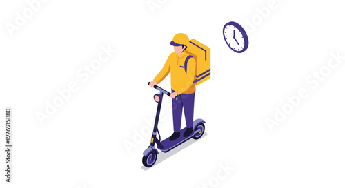 Delivery person on electric scooter with backpack and clock in isometric style