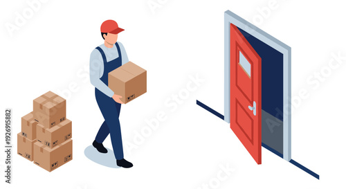 delivery worker carrying cardboard box walking through open red door isometric illustration